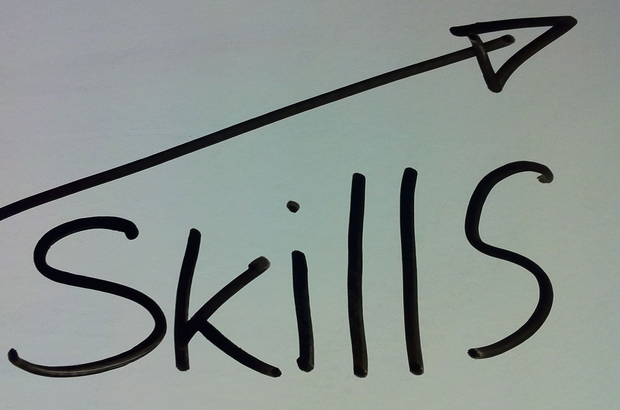 Image shows the word Skills written in black on a grey background with sloping arrow pointing across and upwards