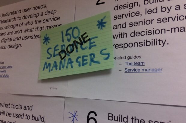 A note with "150 Service managers" written on it and stamped as "Done"