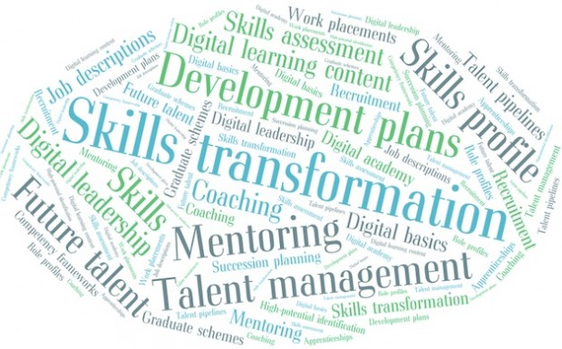 A word cloud with words: skills, transformation, mentoring, talent management, skills profile, digital leadership, jog descriptions, future talent.