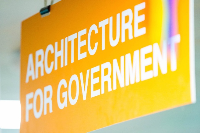 An orange sign of "Architecture for government" 