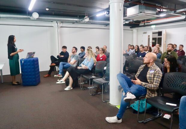 Nasreen addresses her audience at the Product People meet up