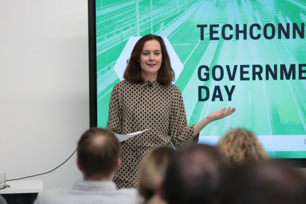 A Tech Connect participant pitching her group's idea at the Government Day