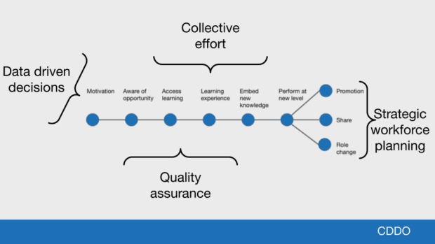 diagram showing stages in the journey for a digital professional to progress in government and what the profession needs to do make this possible