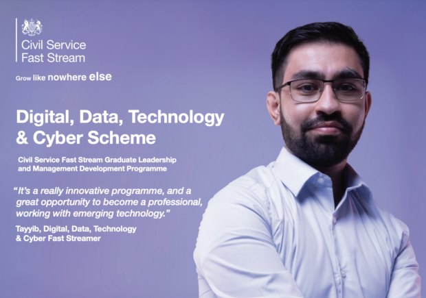 Image of Tayyib, a member of the Civil Service - Digital, Data, Technology & Cyber Fast Stream, with his quote about the programme